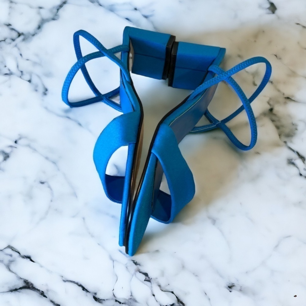 Y2K Madeline NEW Ruby Blue Satin Strappy Heels 7.5 Square Toe Block Heel - Picture 8 of 11